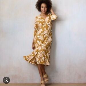 LC Lauren Conrad Mustard Floral V-Neck Midi Dress